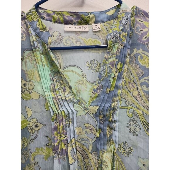 Susan Graver Womens Tunic Top Size Medium Blue Green Paisley Chiffon Blouse - Picture 3 of 9